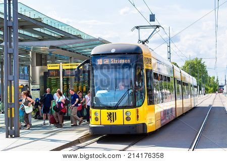 Dresden Germany - July 11 2014: Modern Tram In Dresden In A Beautiful Summer Day In Dresden Germany 