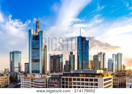 Panorama Of Frankfurt Germany In A Summer Evening
