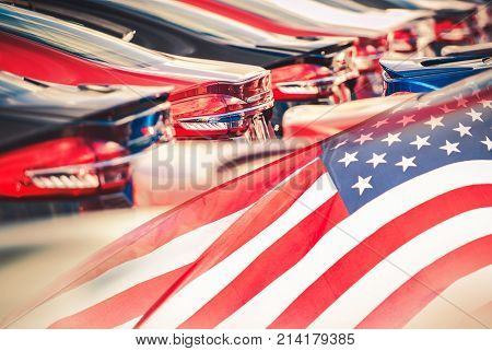 Buying American Made Cars. Supporting American Economy Concept Photomontage with Cars and USA Flag
