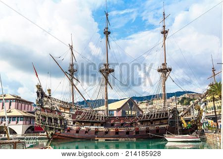 Galeone Old Wooden Ship In A Summer Day In Genoa Italy