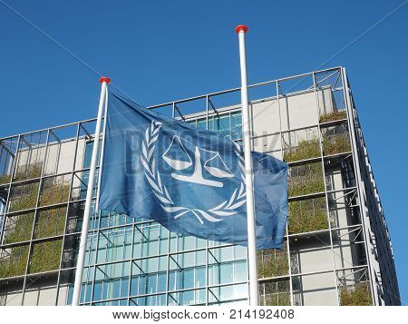 The Hague Netherlands - November 3 2017: The flag and the main building of International Criminal Court.