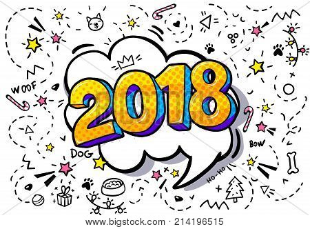 Symbol of the year 2018. Golden numbers 2018 in word bubble. Message in pop art comic style.