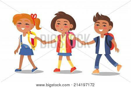Set of schoolgirls and schoolboy first year pupils with backpacks isolated on white background. Smiling kids in school uniform vector illustrations