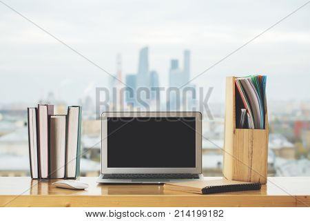 Creative Desk Top With Empty Laptop