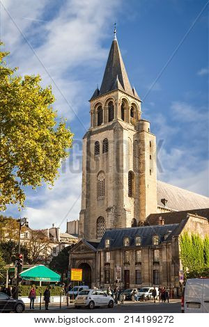 Paris France - October 20 2017: Sunny day view of Church St Germain des Pres. Unidentified people present on picture.