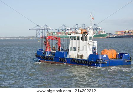 Harwich Essex United Kingdom -16 November 2017: Haven Hornbill anti-pollution ship in Harwich Harbour
