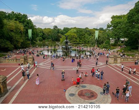 NEW YORK - SEP 2017: People walking around the Bethesda Fountain in Autumn Central Park New York City