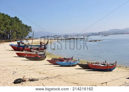 Arousa Island Boats On The Beach Praia Cabodeiro, Pontevedra Province, Galicia, Spain