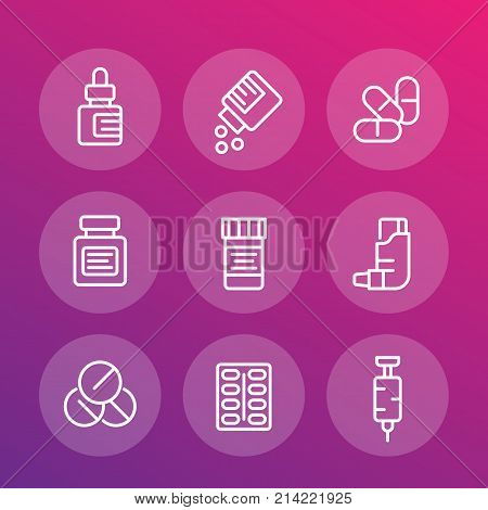 medicaments line icons, pills, capsules, medicine bottle, inhaler, syringe, eps 10 file, easy to edit