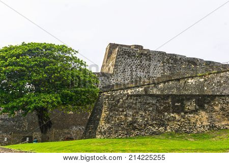 Beautiful panoramic view of the large outer wall with sentry box of fort San Cristobal in San Juan, Puerto Rico