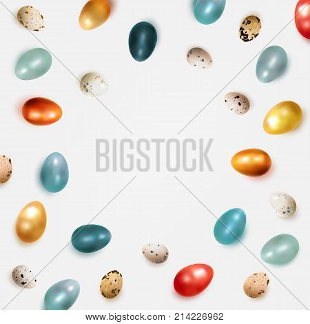 Easter background with golden orange and blue glossy eggs. Realistic chicken and quail dyed Easter eggs. Top view with space for text. Isolated on a light background. Vector illustration.