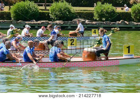 Rome Italy - July 30 2016: Dragon boat crews compete at the european championships held in Italy in 2016 summer in the photo the Italian and UK crew