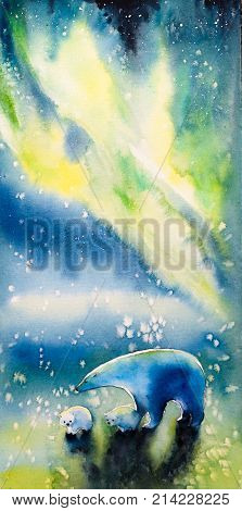 Watercolor painted picture of polar she-bear with two kids and aurora borealis in background.