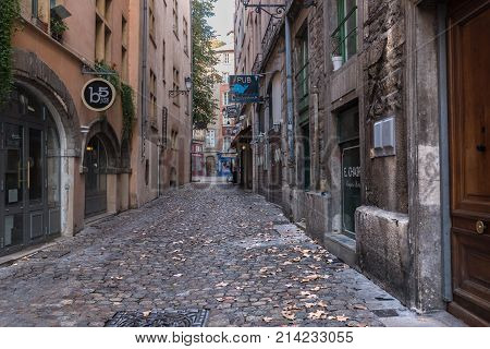 Lyon France--November 6 2017--A cobblestone side street in the old city section of Lyon. Editorial Use Only.