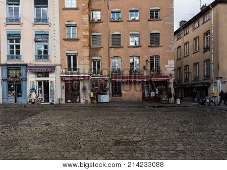 Lyon France--November 6 2017--Shops and Restaurants in the Old City section of Lyon. Editorial Use Only.