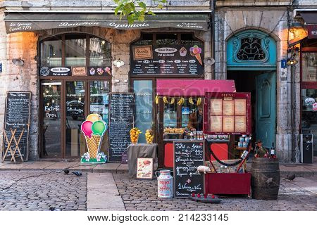 Lyon France -- November 6 2017 -- Outside a traditional Lyonnaise bouchon on an Autumn afternoon. Editorial Use Only.