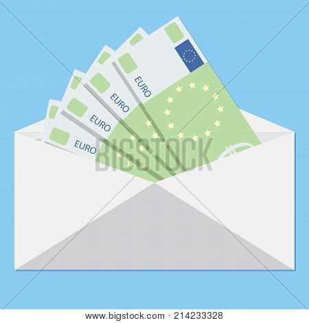 Salary in envelope and bribe euro banknote. Cash note european bill bonus in envelope. Vector illustration