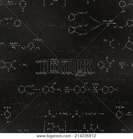 A lot of basic chemical reaction equations and formulas chalk lettering on school blackboard seamless pattern