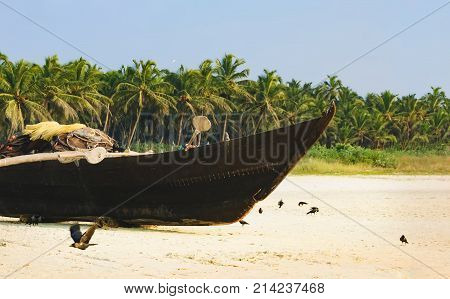 Traditional fishing boat on palm trees background, Cavelossim Beach in South Goa, India