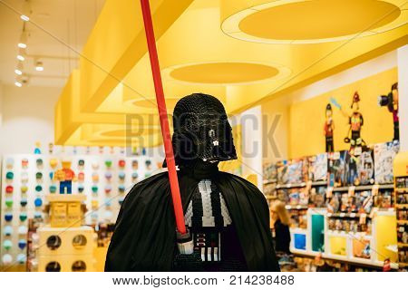 Vilnius, Lithuania - September 30, 2017: Statue Of Darth Vader From Star Wars Assembled From Lego In Lego Store