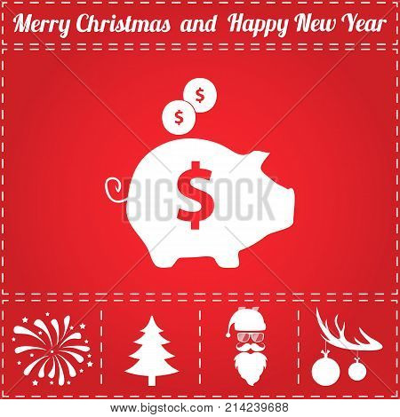 Moneybox Icon Vector. And bonus symbol for New Year - Santa Claus, Christmas Tree, Firework, Balls on deer antlers