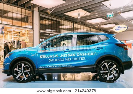 Vilnius, Lithuania - September 21, 2017: Blue color compact crossover SUV Car Nissan Qashqai In Hall Of Shopping Center. SUV produced by the Japanese car manufacturer Nissan since 2006