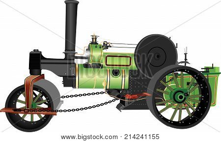 A Detailed Illustration of a Green and Black Steam Powered Road Roller with Brass Fittings isolated on White