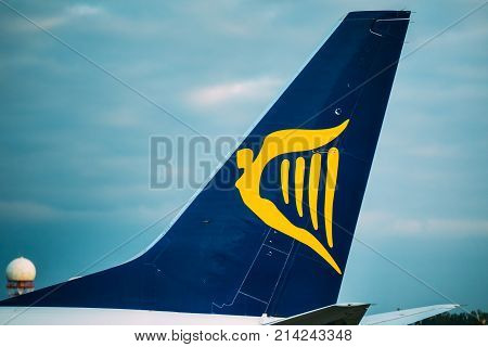 Vilnius, Lithuania - September 30, 2017: Logo Logotype Sign Of Irish Low-cost Airline Ryanair On Wing Of Airplane