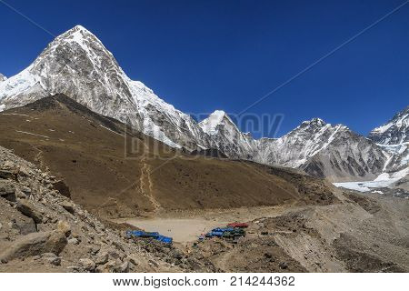 Gorak Shep village, Kala Patthar and mount Pumo Ri. Way to Everest base camp. Nepal