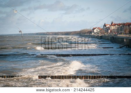 Tidal bore on the coast of the Baltic Sea. Zelenogradsk (Kranz) - city november 2017 Kaliningrad region Russia