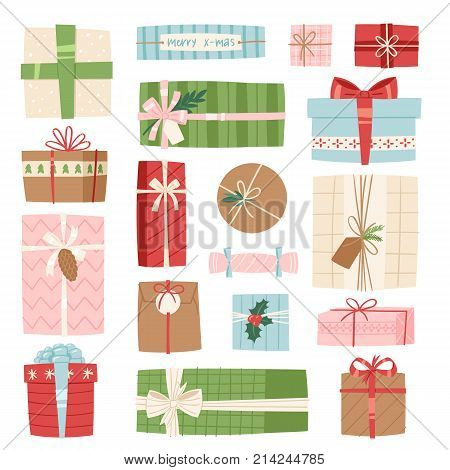 Gift box vector present packs Christmas or Birthday flat illustration celebration bow object isolated on white background. Surprise elegance birthday present.