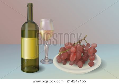 Wine concept background. Vector wine bottle with glass and plate full of red grapes