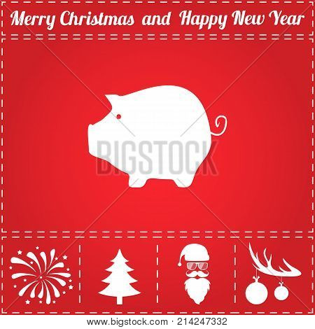 Pig Icon Vector. And bonus symbol for New Year - Santa Claus, Christmas Tree, Firework, Balls on deer antlers