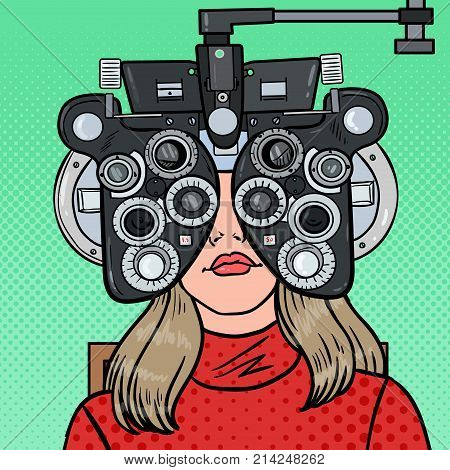 Pop Art Woman Patient at Optometric Clinic with Optical Phoropter. Eye Exam. Vector illustration