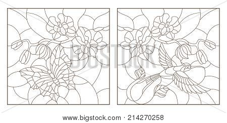 Set contour illustrations of stained glass with a sprig of orchids a butterfly and a Hummingbird a dark outline on a white background