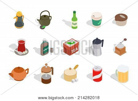Drinks icon set. Isometric set of drinks vector icons for web design isolated on white background