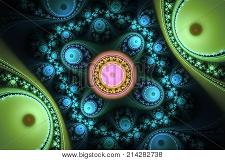 Geometric fractal shape can illustrate daydreaming imagination psychedelic space dreams magic nuclear explosion frequency patterns radiation or music concepts.