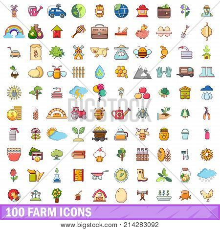 100 farm icons set. Cartoon illustration of 100 farm vector icons isolated on white background