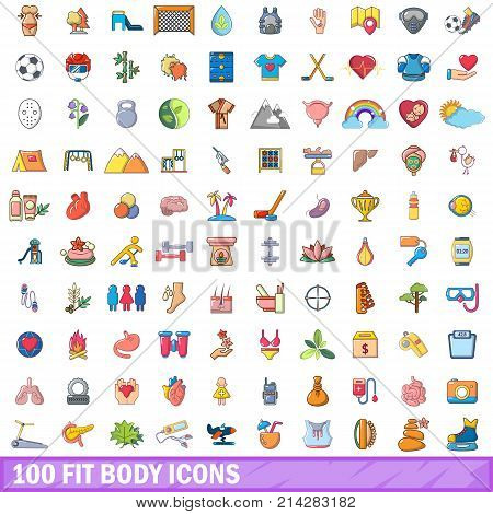 100 fit body icons set. Cartoon illustration of 100 fit body vector icons isolated on white background