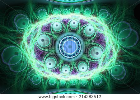 Geometric fractal shape can illustrate daydreaming imagination psychedelic space dreams magic nuclear explosion frequency patterns radiation or music concepts.