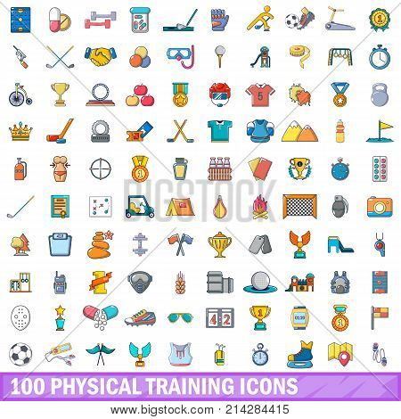 100 physical training icons set. Cartoon illustration of 100 physical training vector icons isolated on white background