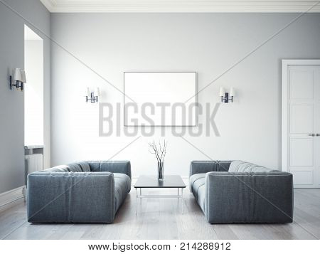 Two gray sofas in the interior with a blank picture frame. 3d renering