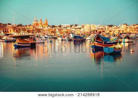 Beautiful European Harbor With Maltese Yacht And Boat Luzzu, Village Of Marsaxlokk, Vintage Toned St