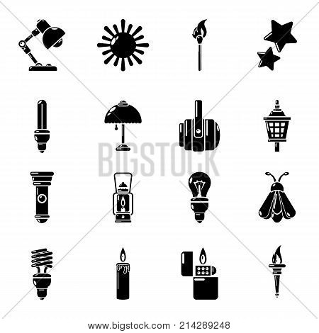 Light source icons set. Simple illustration of 16 light source vector icons for web