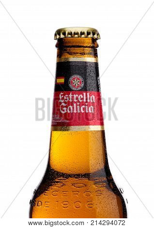 London, Uk - November 17, 2017: Bottle Of Estrella Galicia Pale Lager Draft Beer On White. Estrella