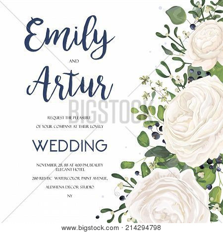 Wedding Invitation invite card Design with watercolor hand drawn white rose ranunculus garden flower privet blue berry eucalyptus mistletoe fern leaf bouquet lovely frame border. Vector floral layout