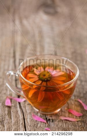 Cup of echinacea tea on old wooden table with copy space for your text.