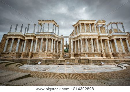 Front bottom view of The Roman Theatre and proscenium in Merida, Extremadura, Spain