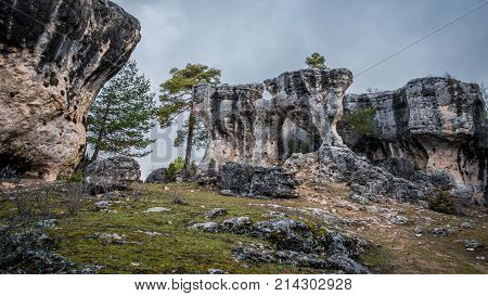 Wide angle view of the unreal karstic formations in the Majadas park, Cuenca, Spain