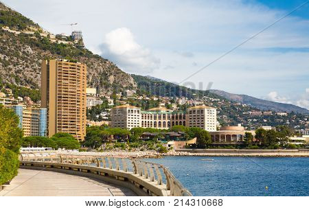 Monaco, Montecarlo - September 17, 2017: Montecarlo beach and princess Grace avenue view with residential buildings